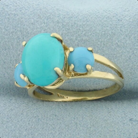 Three Stone Turquoise Ring in 14k Yellow Gold - Picture 4 of 4